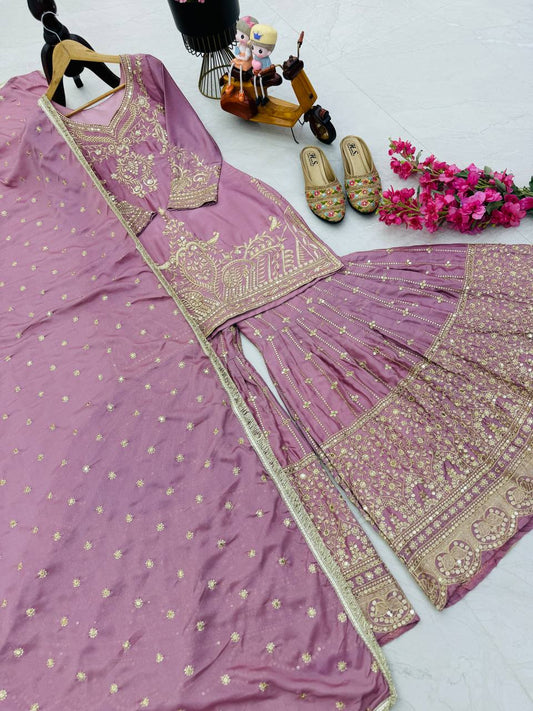 Peach Color Beautiful Partywear Designer Party Top Sharara & Dupatta