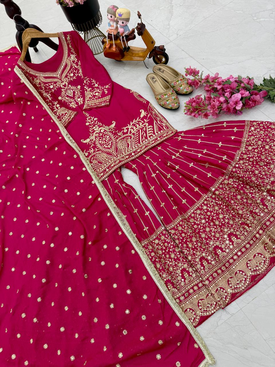 Red Color Beautiful Partywear Designer Party Top Sharara & Dupatta