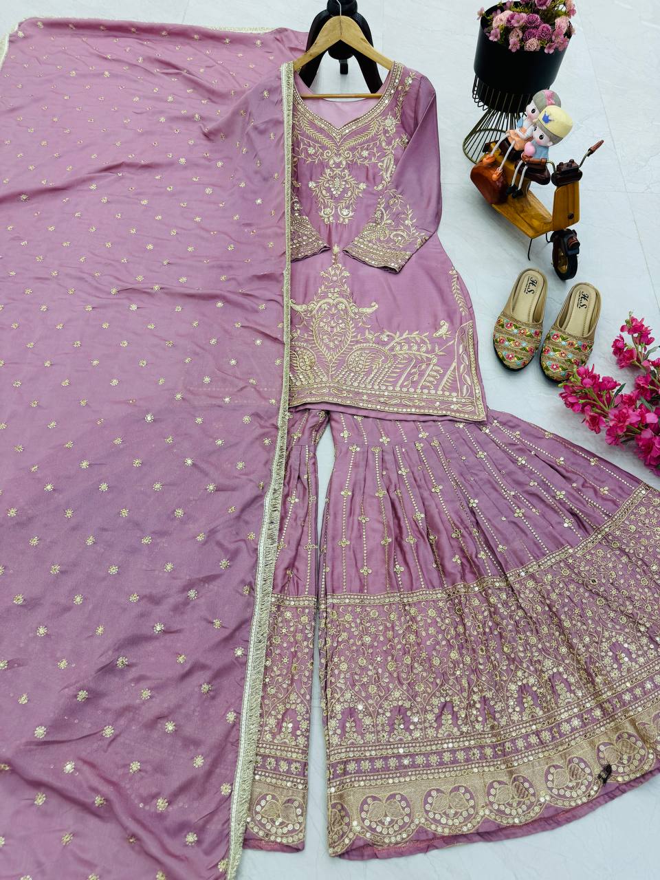 Peach Color Beautiful Partywear Designer Party Top Sharara & Dupatta