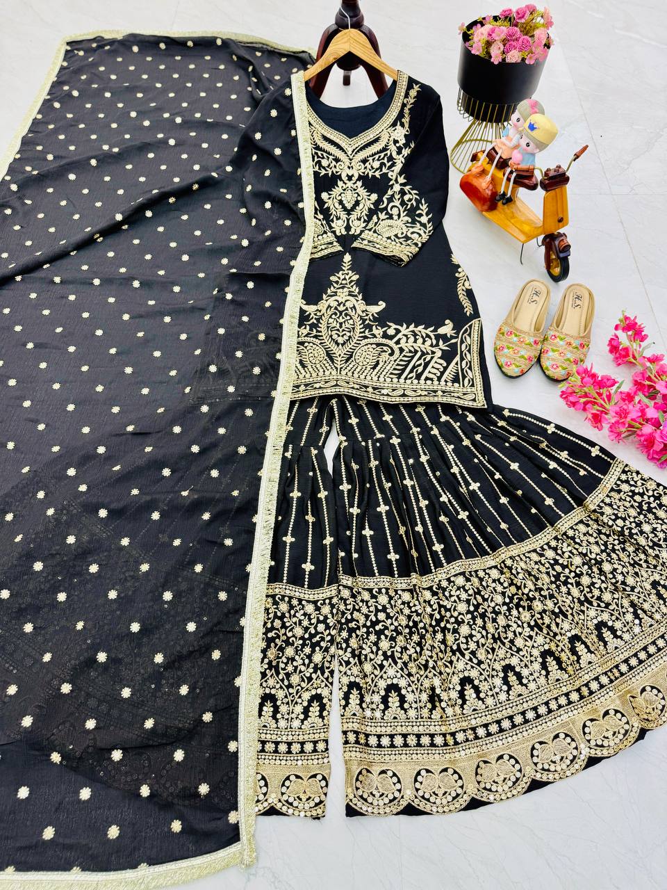 Black Color Beautiful Partywear Designer Party Top Sharara & Dupatta