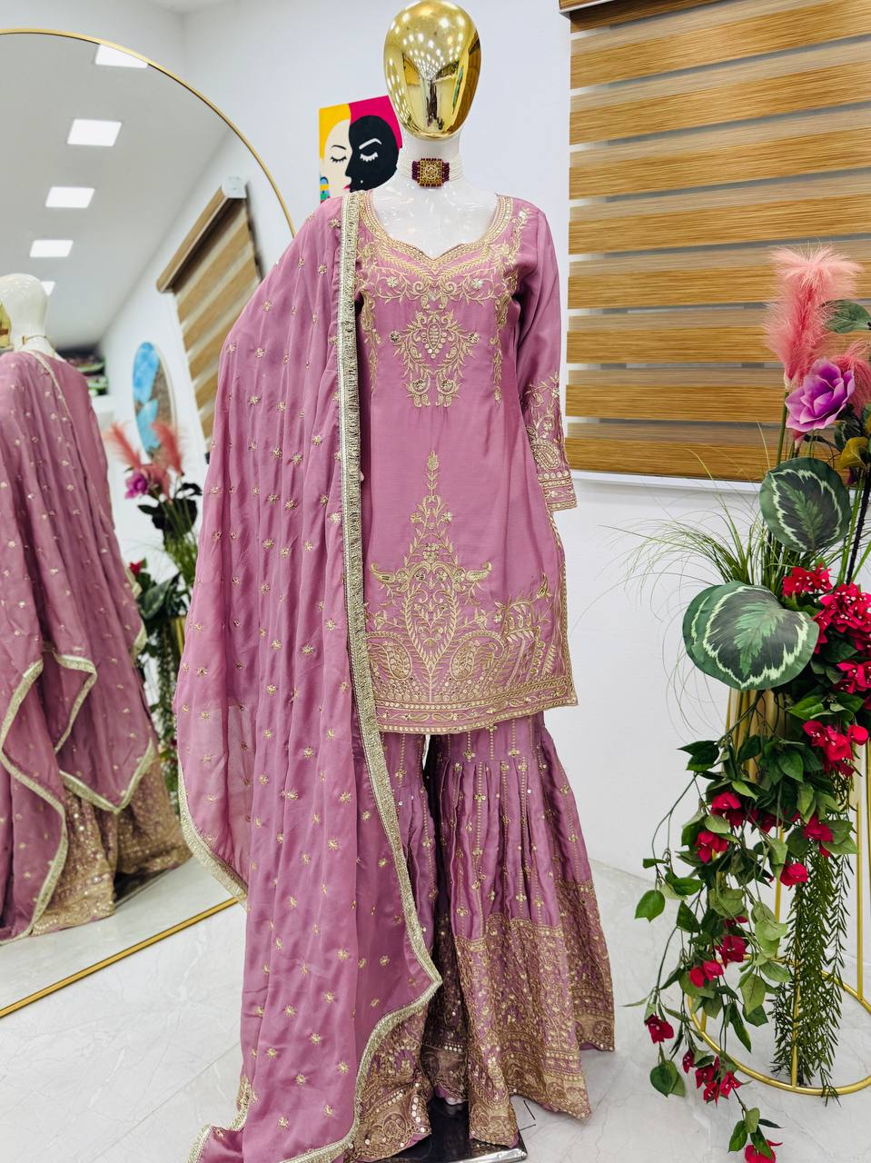 Peach Color Beautiful Partywear Designer Party Top Sharara & Dupatta