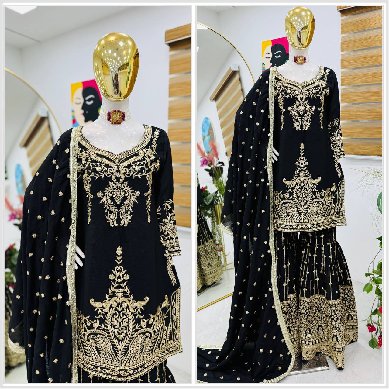 Black Color Beautiful Partywear Designer Party Top Sharara & Dupatta