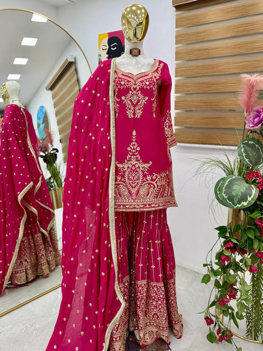 Red Color Beautiful Partywear Designer Party Top Sharara & Dupatta