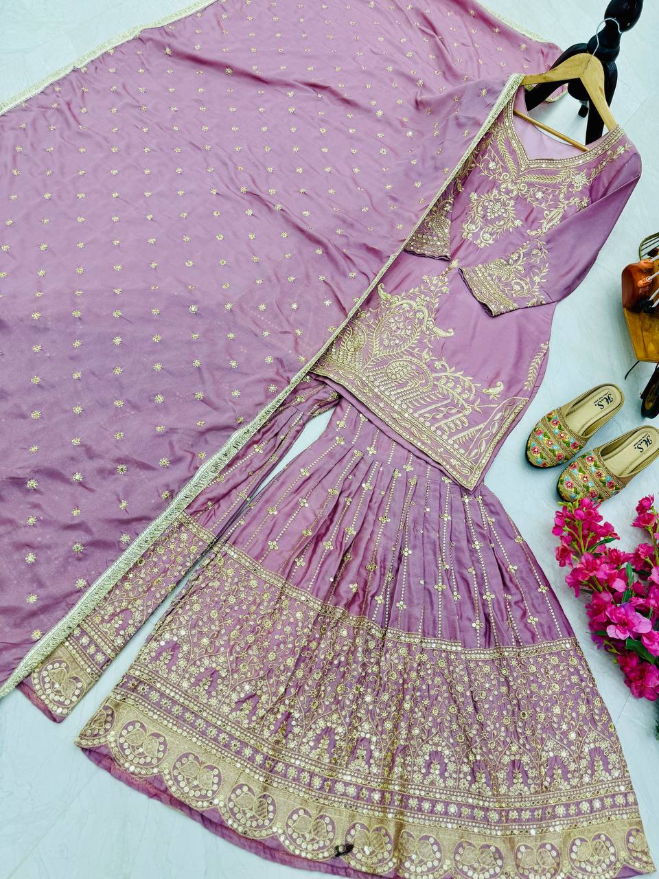 Peach Color Beautiful Partywear Designer Party Top Sharara & Dupatta
