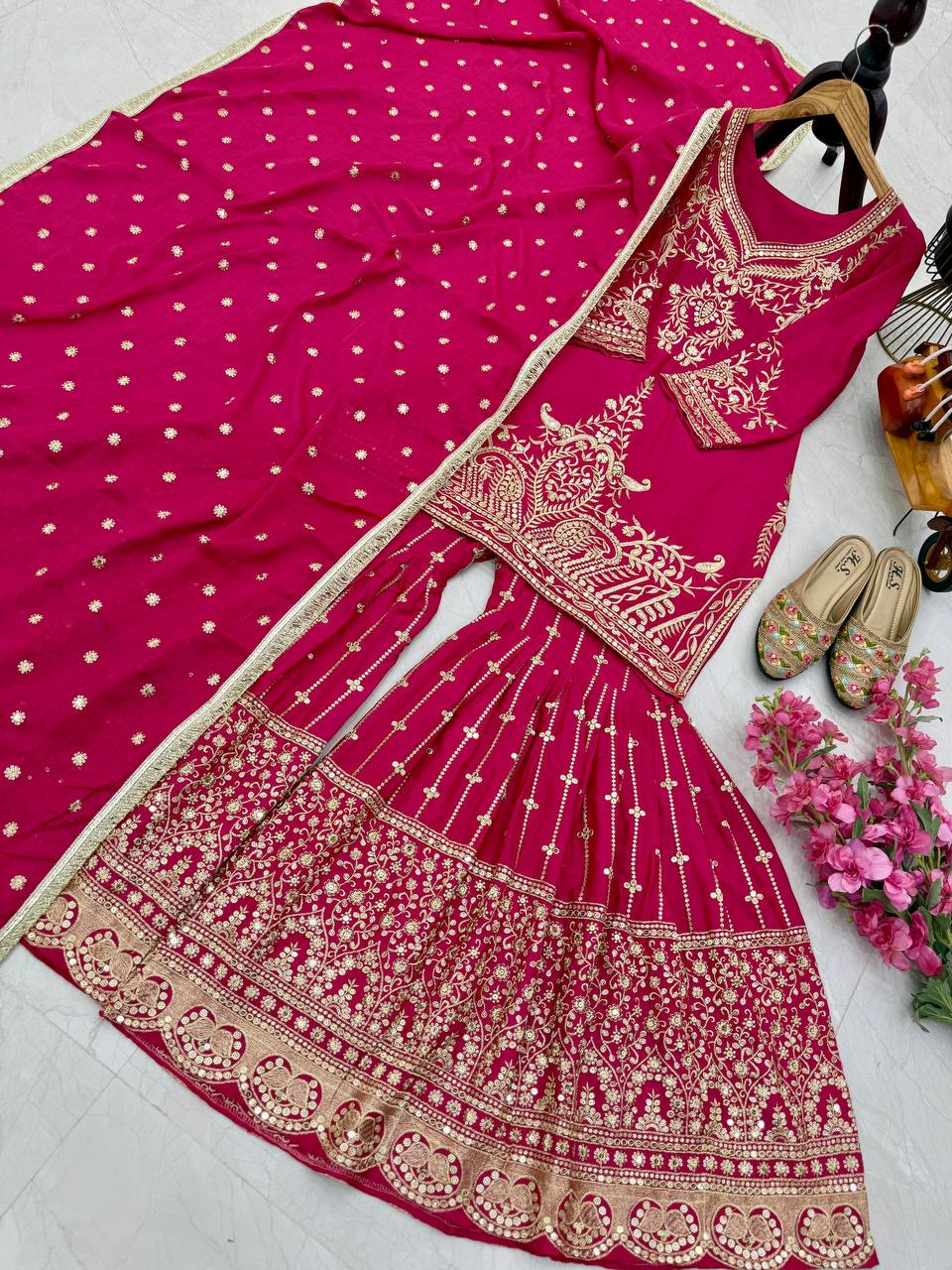 Red Color Beautiful Partywear Designer Party Top Sharara & Dupatta