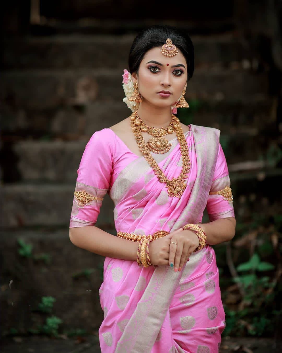 Pink Color Litchi Silk Fabric Saree for daily wear use