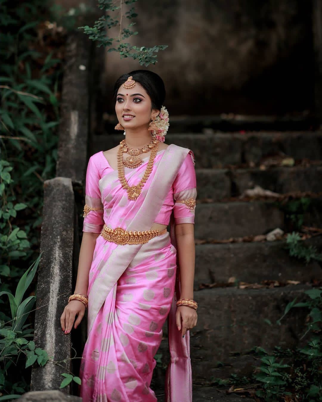 Pink Color Litchi Silk Fabric Saree for daily wear use
