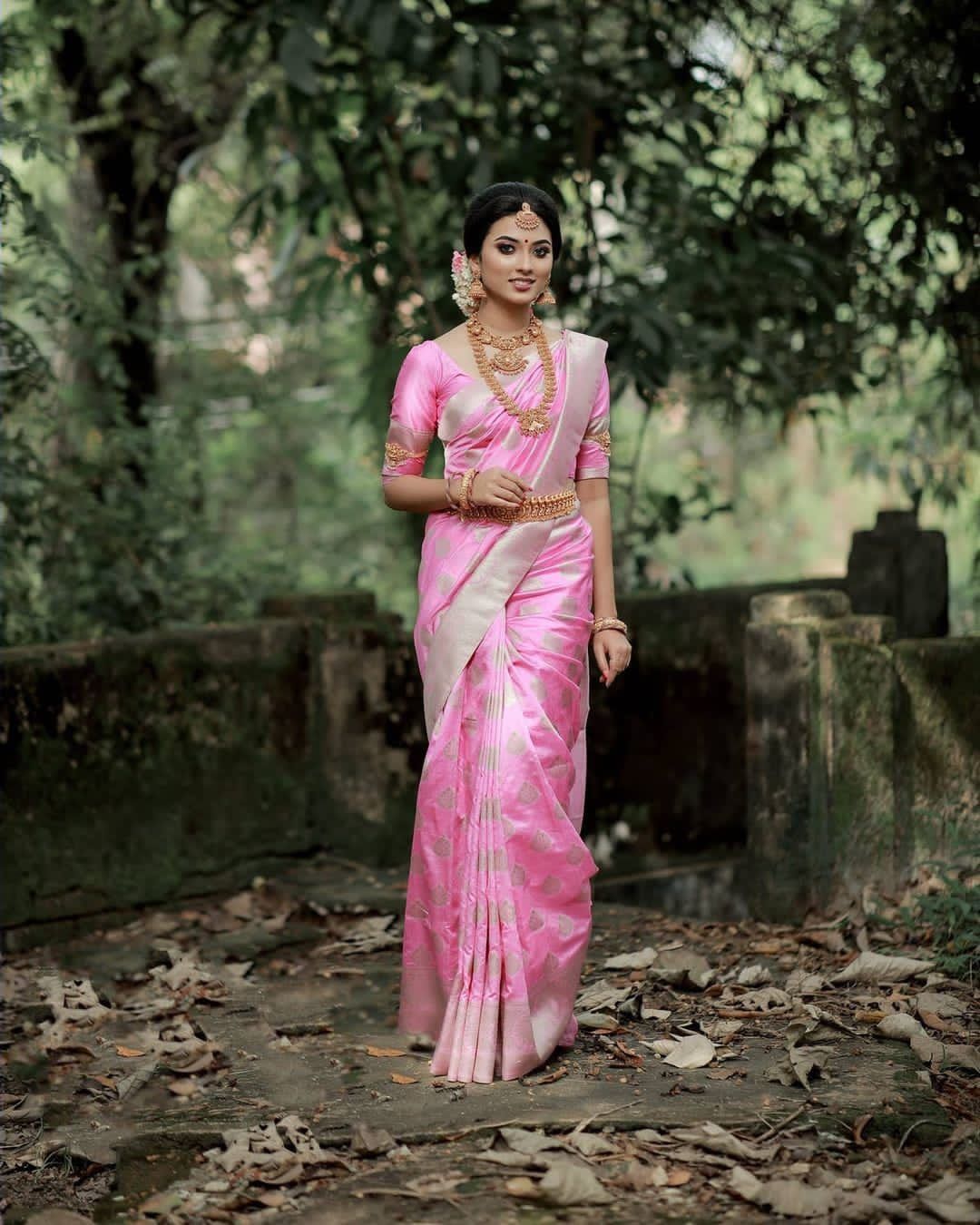 Pink Color Litchi Silk Fabric Saree for daily wear use
