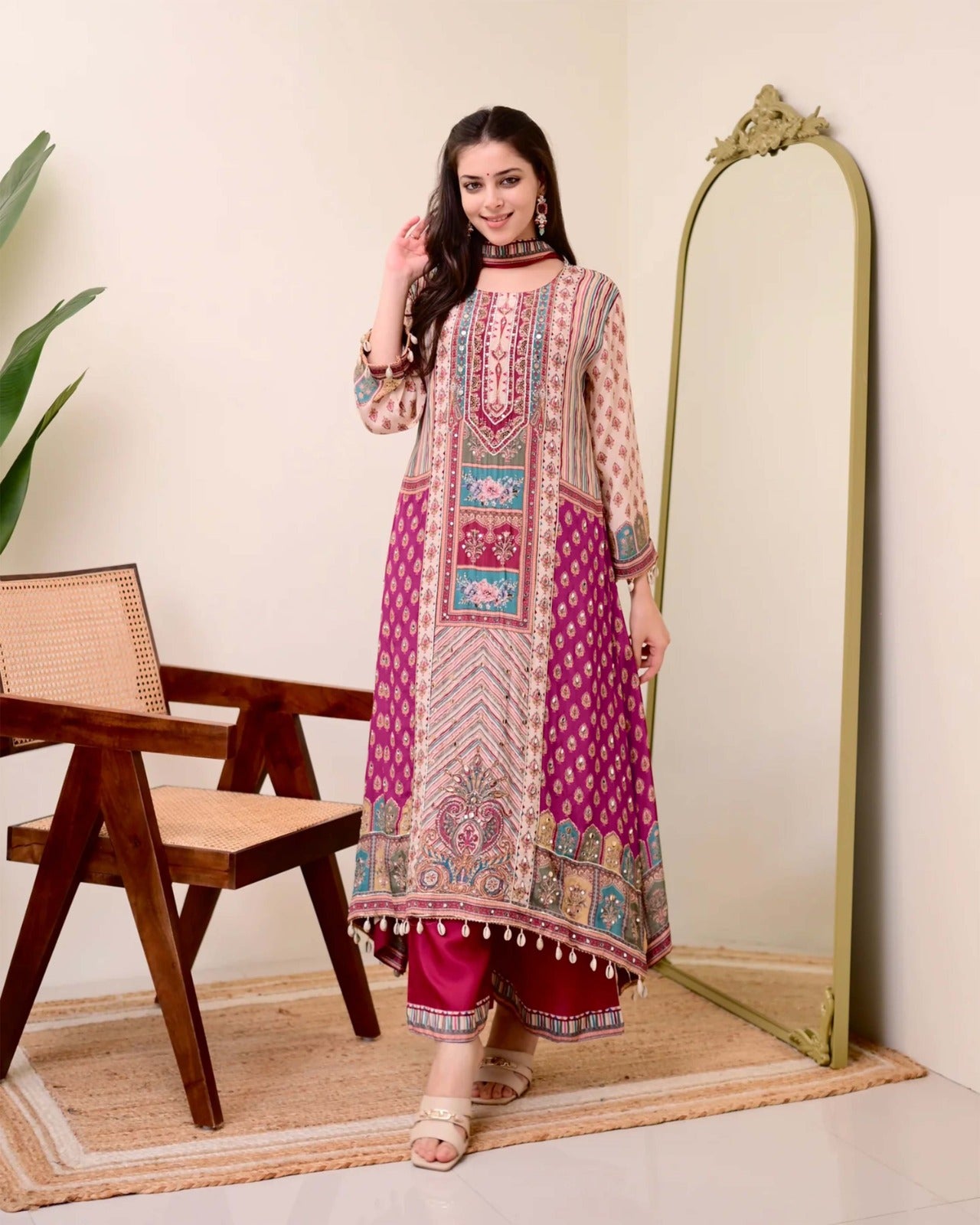 Maroon Color Summer Wear Chinon Fabric Dress