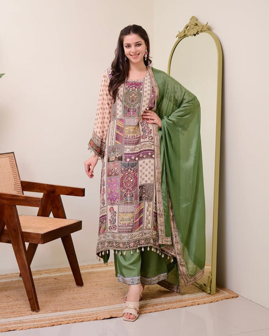 Green Color Summer Wear Chinon Fabric Dress