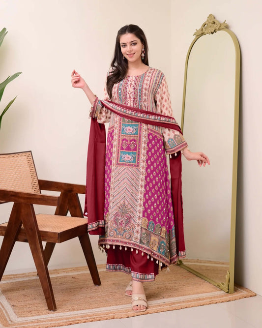 Maroon Color Summer Wear Chinon Fabric Dress