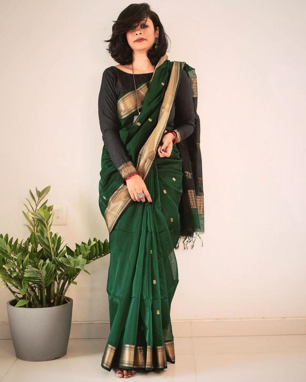 green Color Linen Fabric Saree for daily wear use