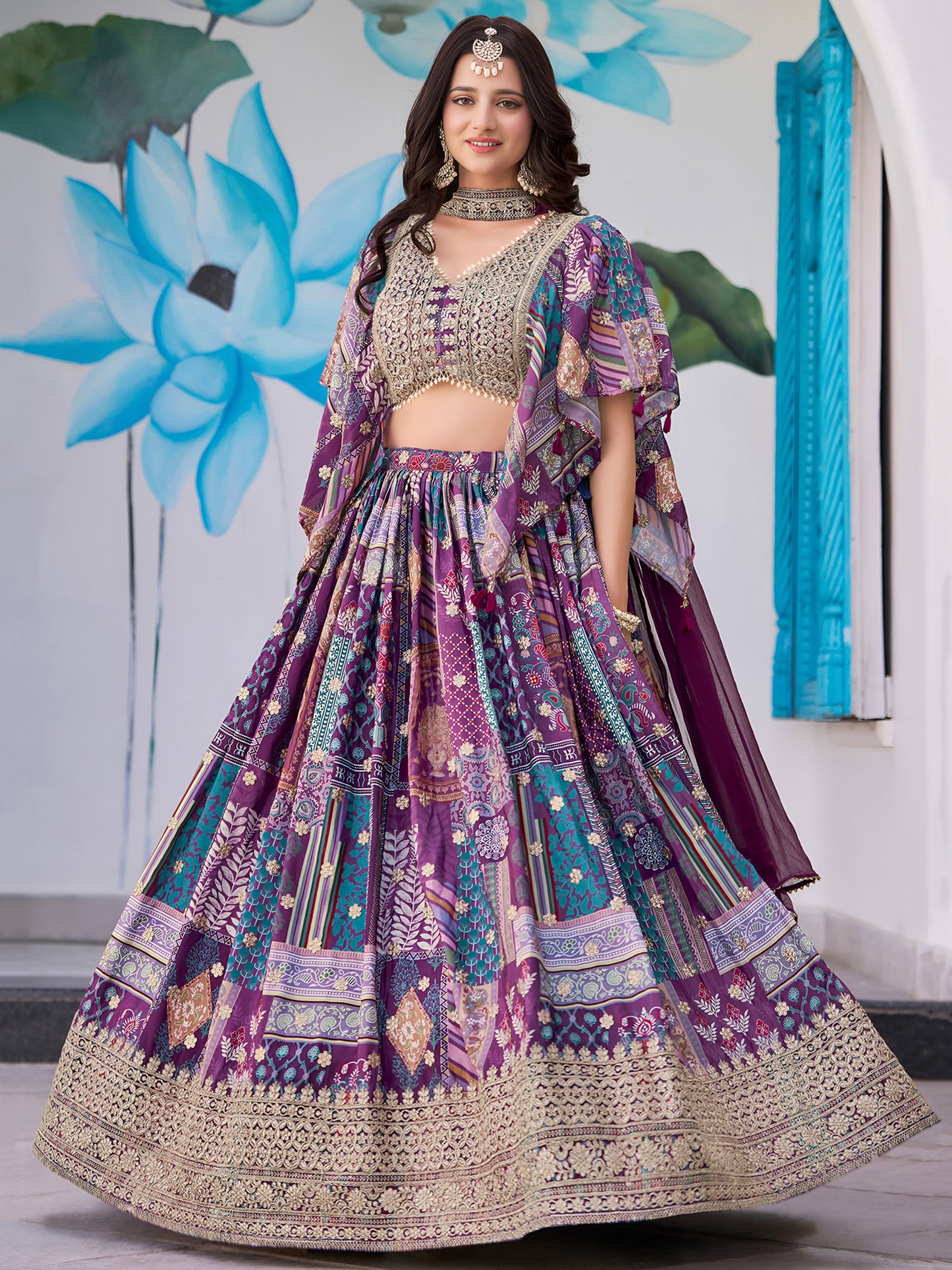 Purple Color Beautiful Lehenga Choli in Chinon Silk Fabric