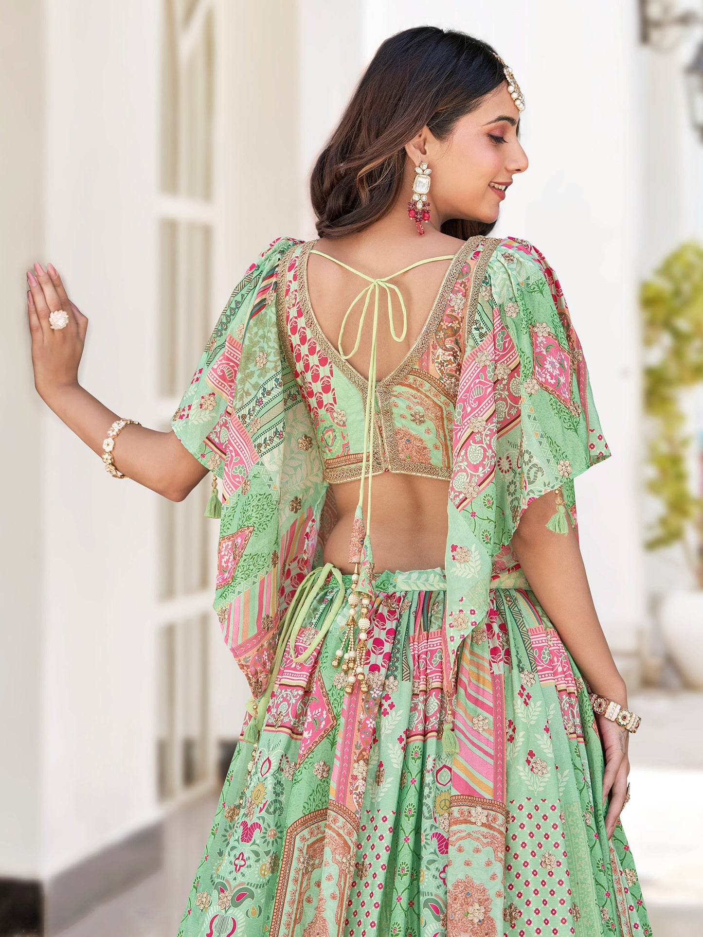 Green Color Beautiful Lehenga Choli in Chinon Silk Fabric