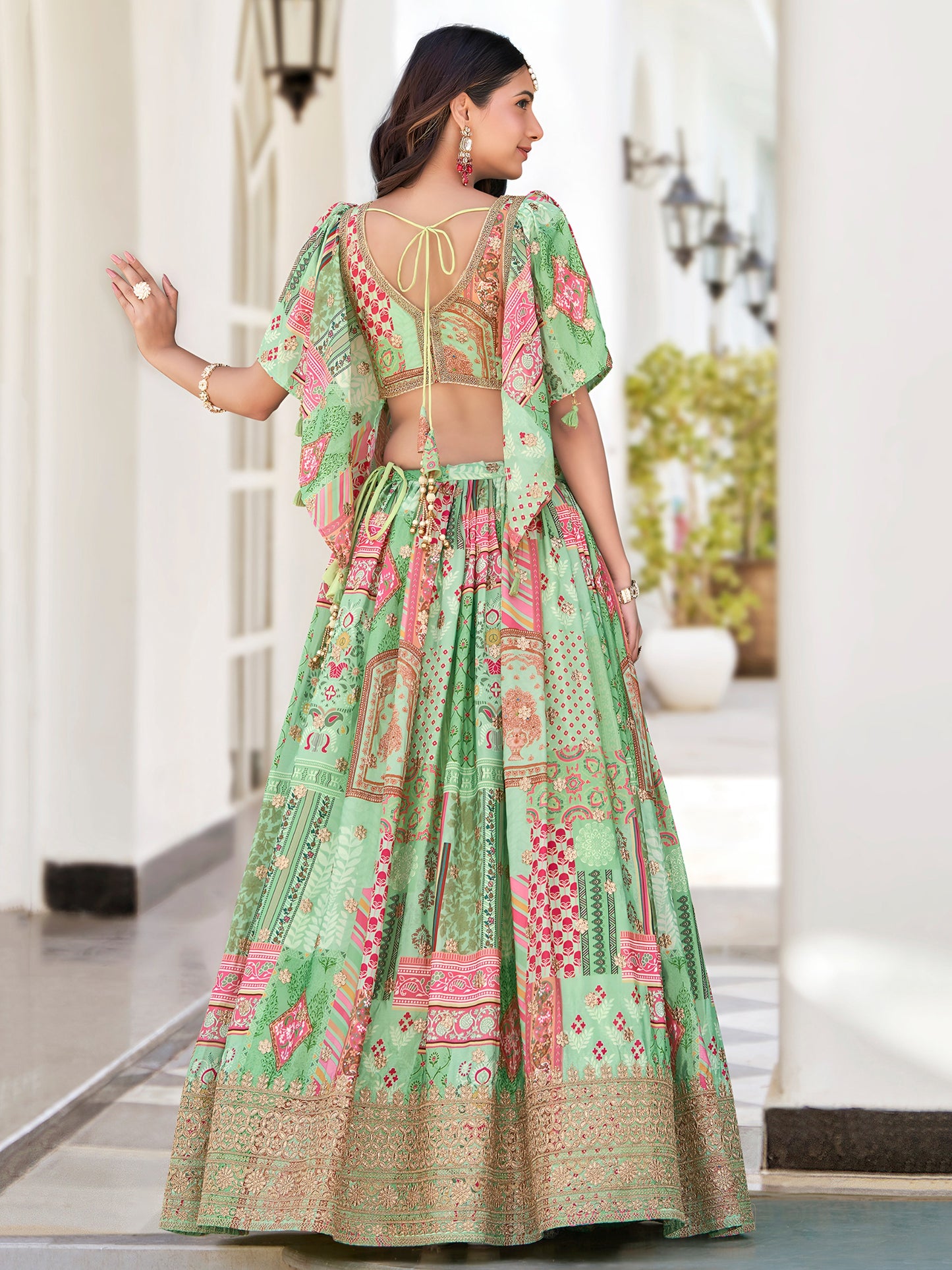 Green Color Beautiful Lehenga Choli in Chinon Silk Fabric