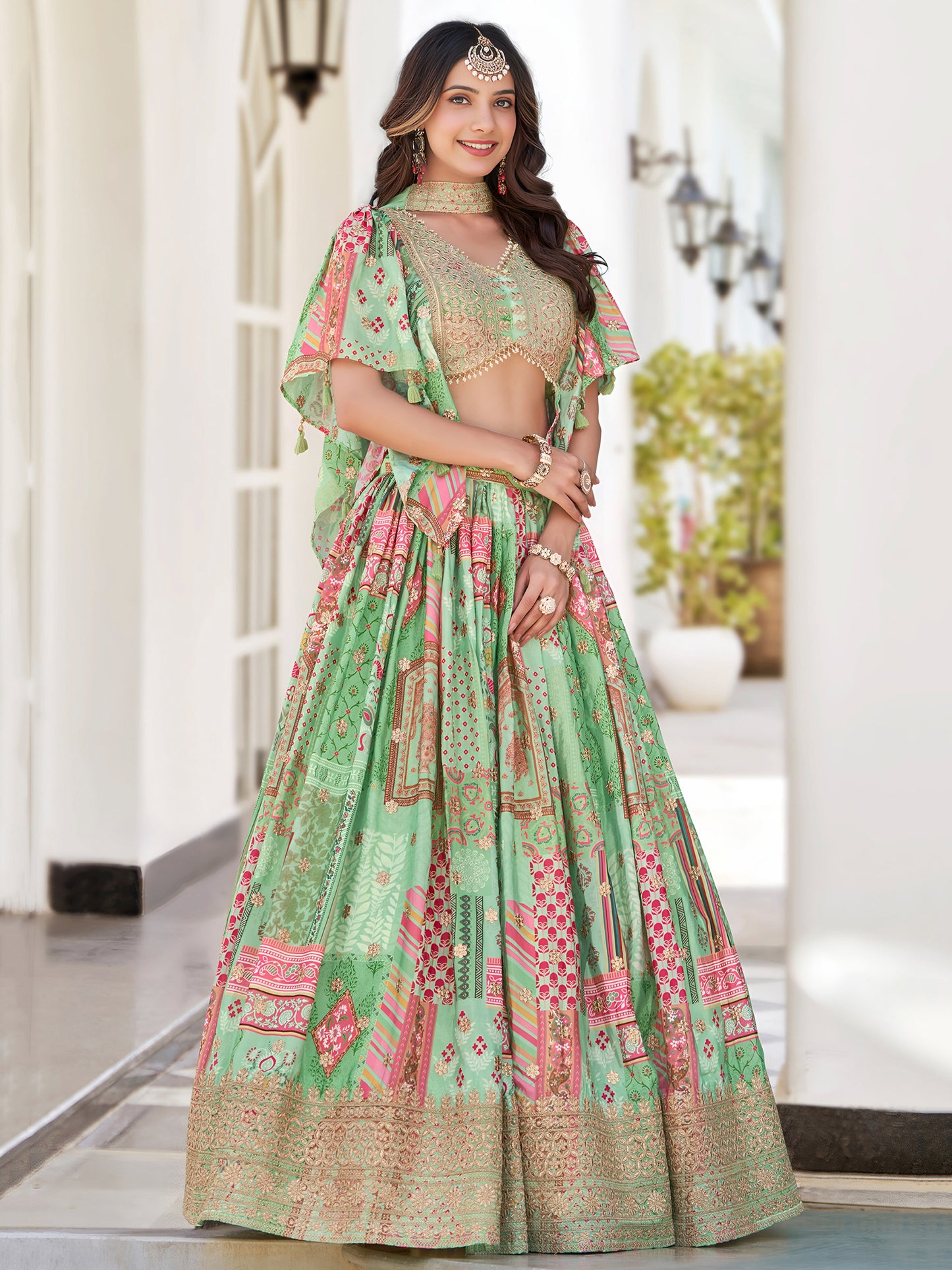 Green Color Beautiful Lehenga Choli in Chinon Silk Fabric