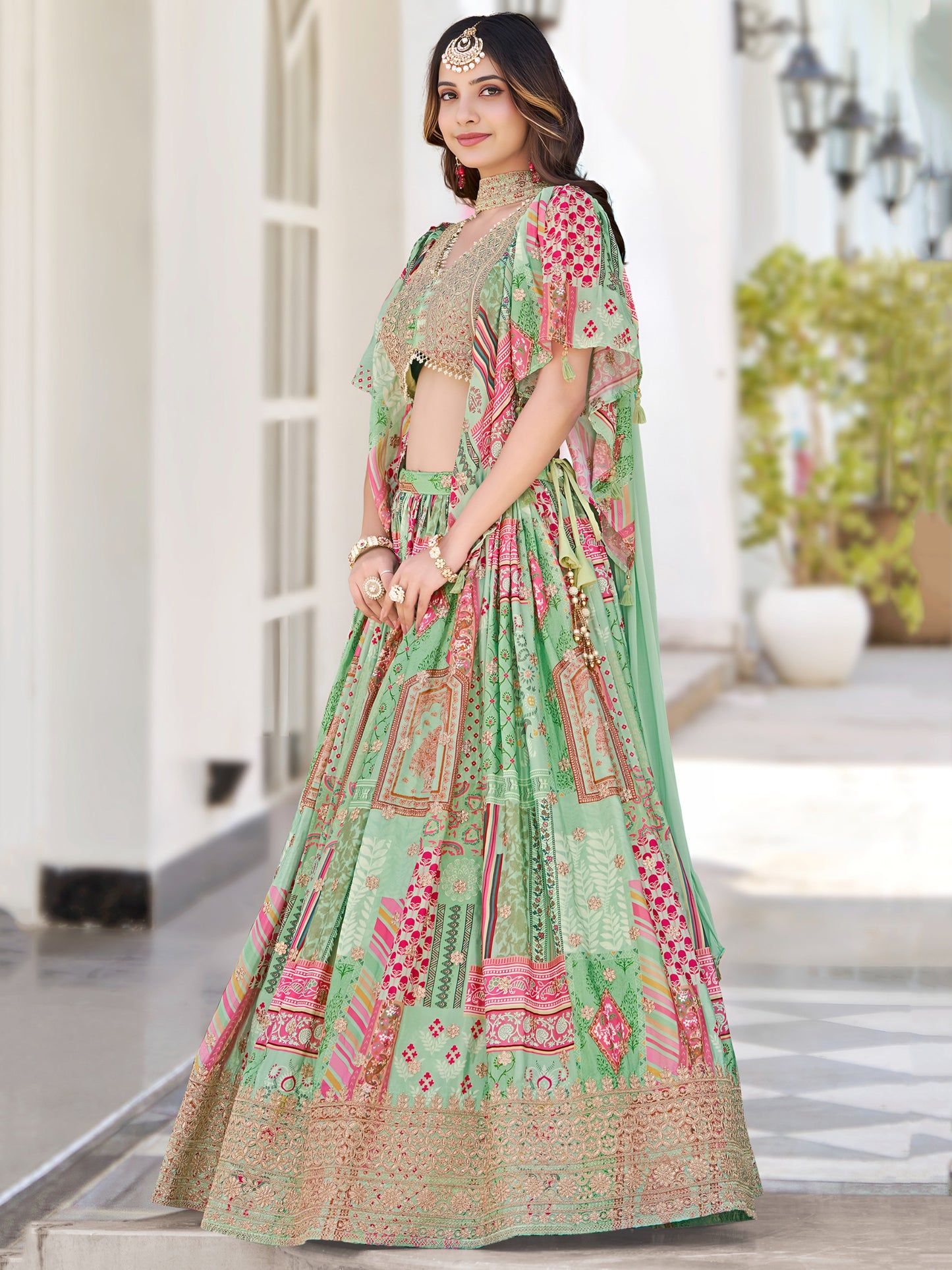 Green Color Beautiful Lehenga Choli in Chinon Silk Fabric