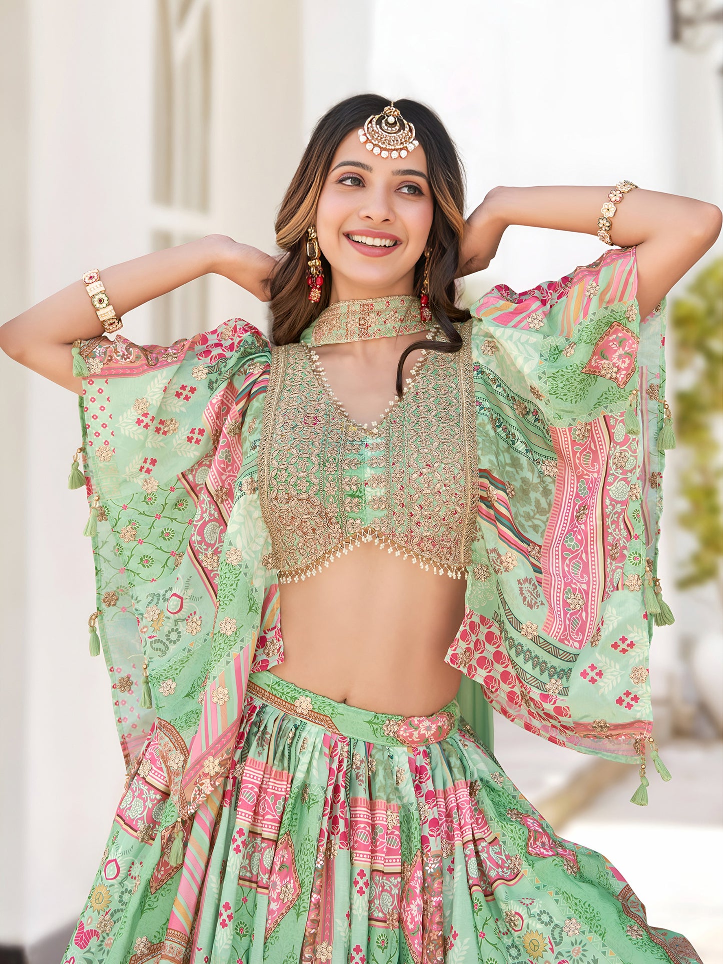 Green Color Beautiful Lehenga Choli in Chinon Silk Fabric