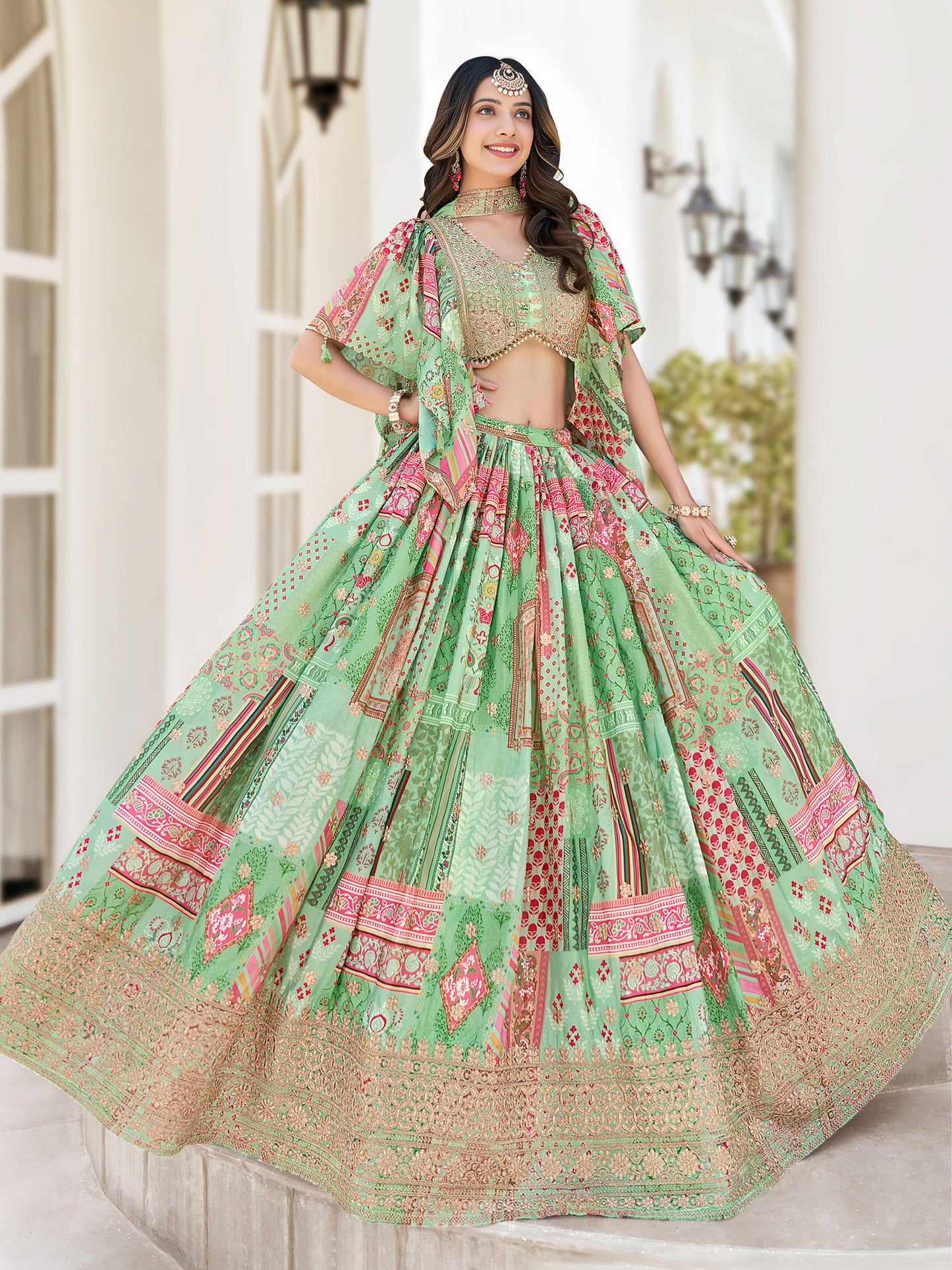 Green Color Beautiful Lehenga Choli in Chinon Silk Fabric