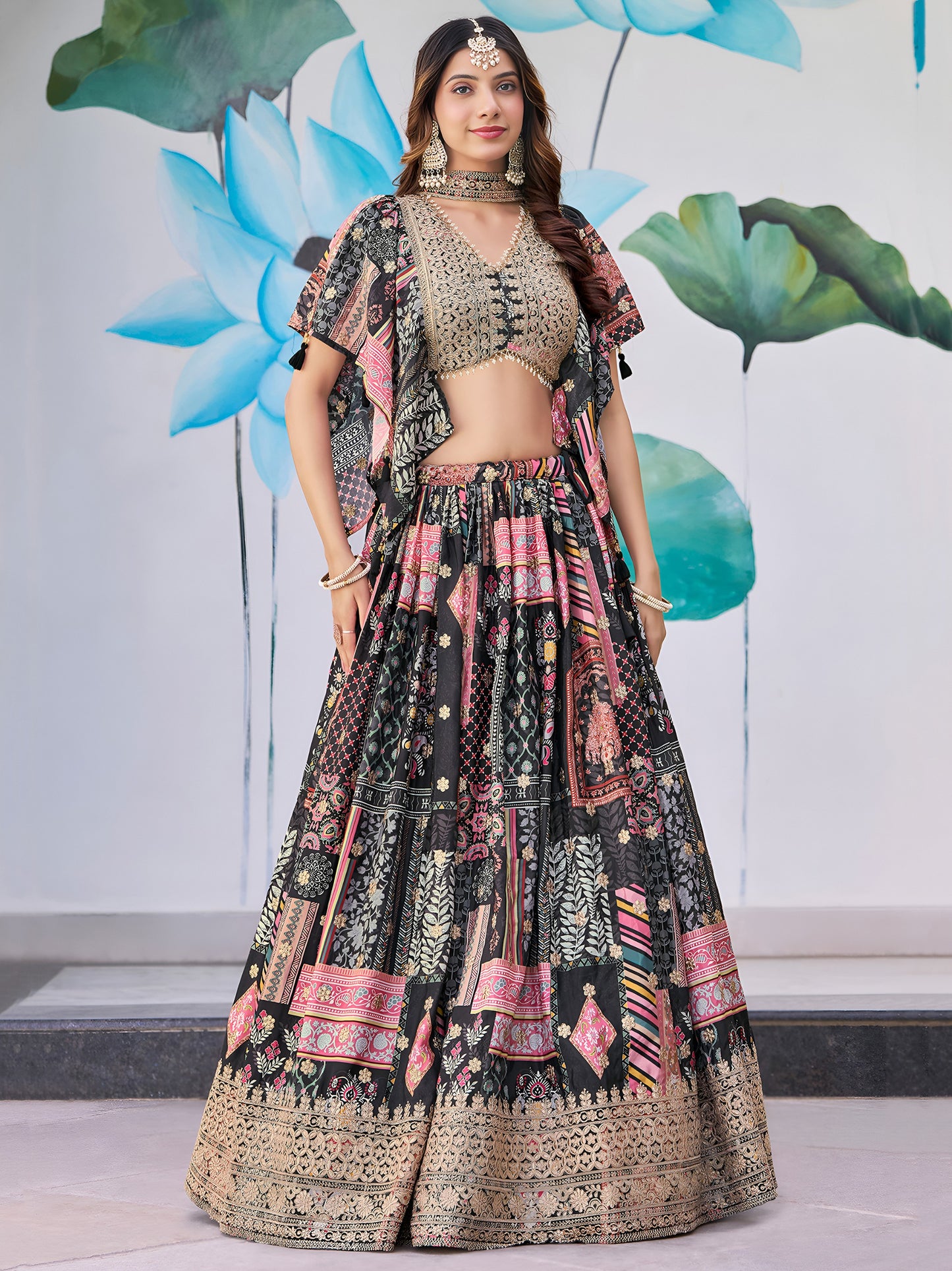 Black Color Beautiful Lehenga Choli in Chinon Silk Fabric