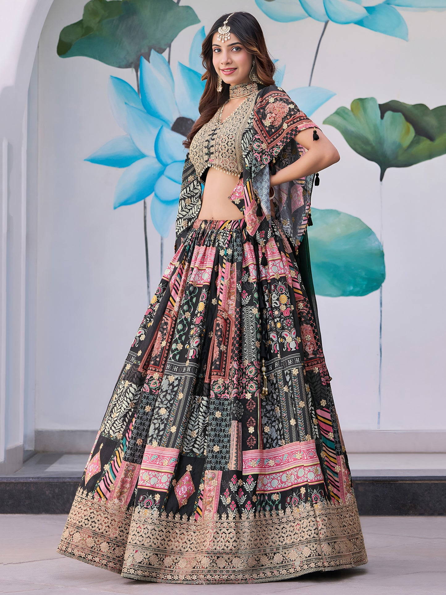 Black Color Beautiful Lehenga Choli in Chinon Silk Fabric