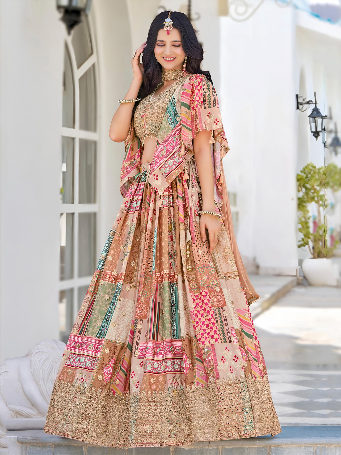 Beige Color Beautiful Lehenga Choli in Chinon Silk Fabric