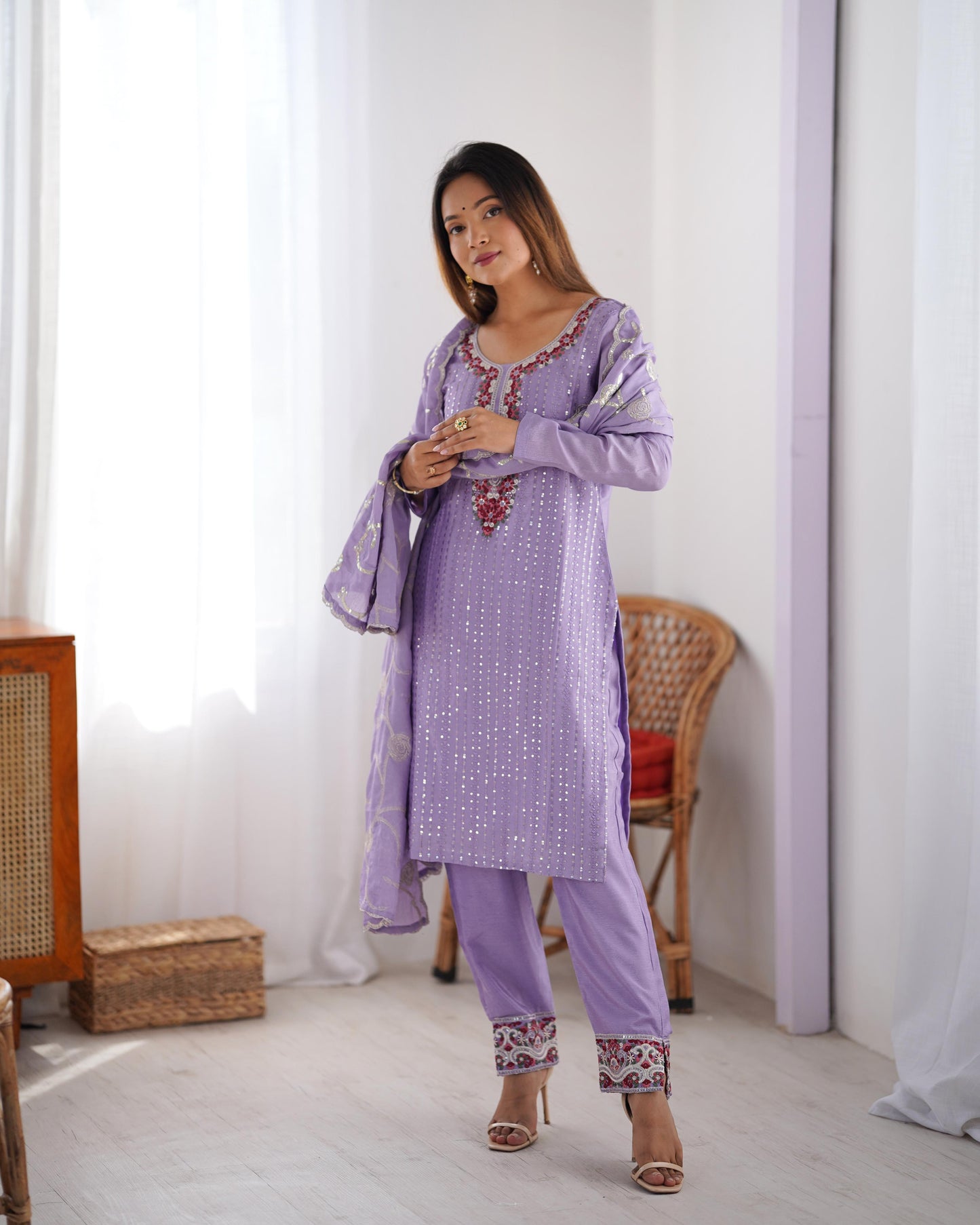 Purple Color Beautiful Partywear Dress in Chinon Silk Fabric