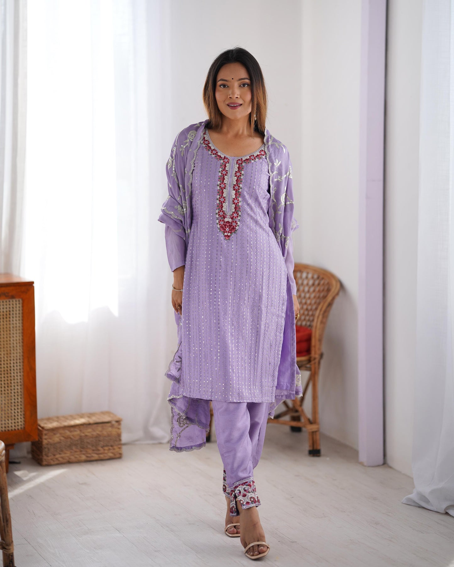 Purple Color Beautiful Partywear Dress in Chinon Silk Fabric