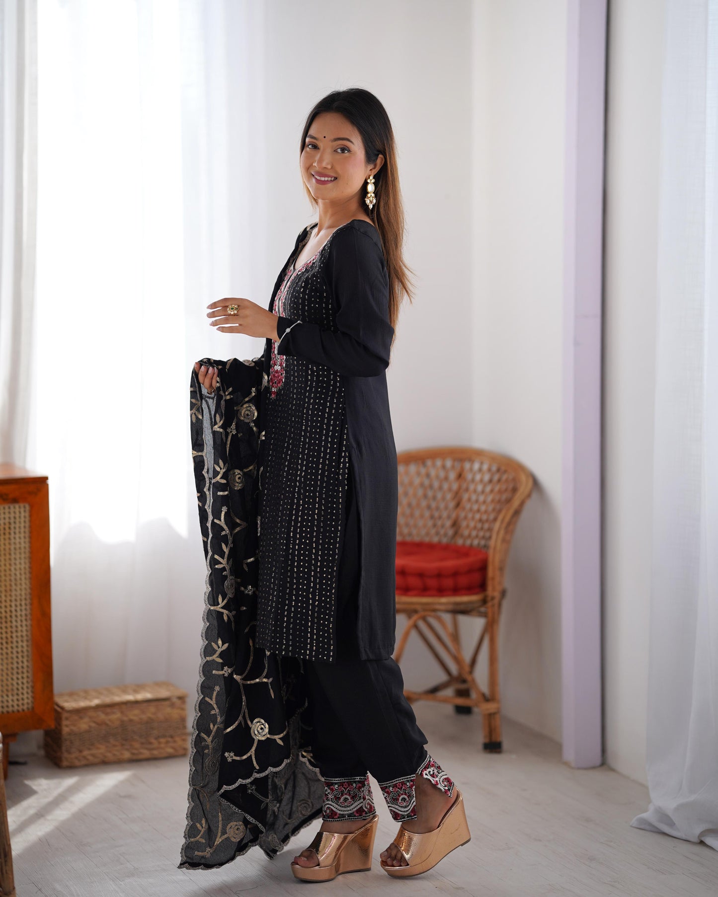 Black Color Beautiful Partywear Dress in Chinon Silk Fabric