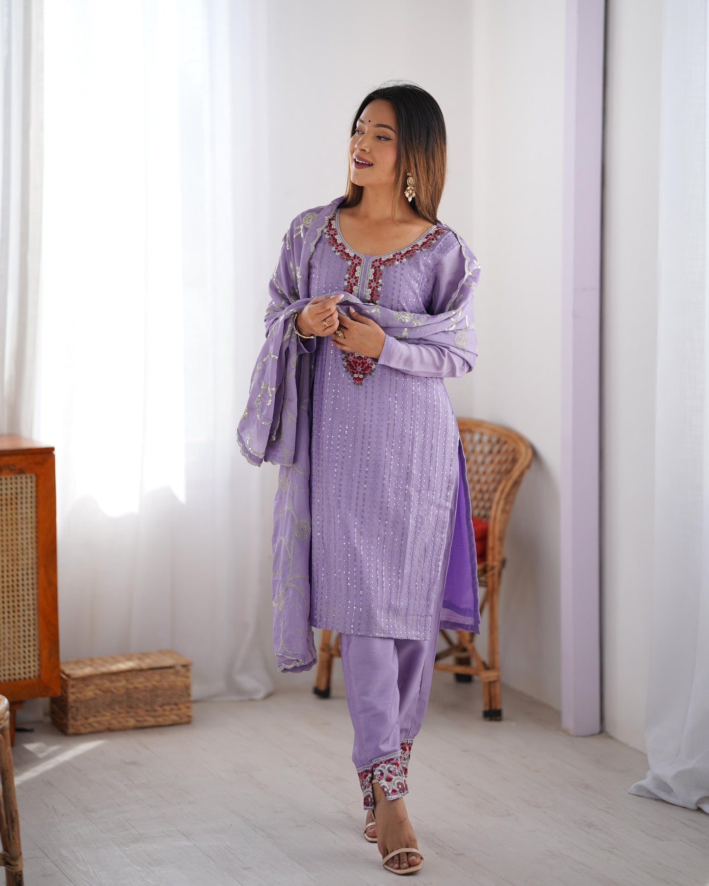 Purple Color Beautiful Partywear Dress in Chinon Silk Fabric