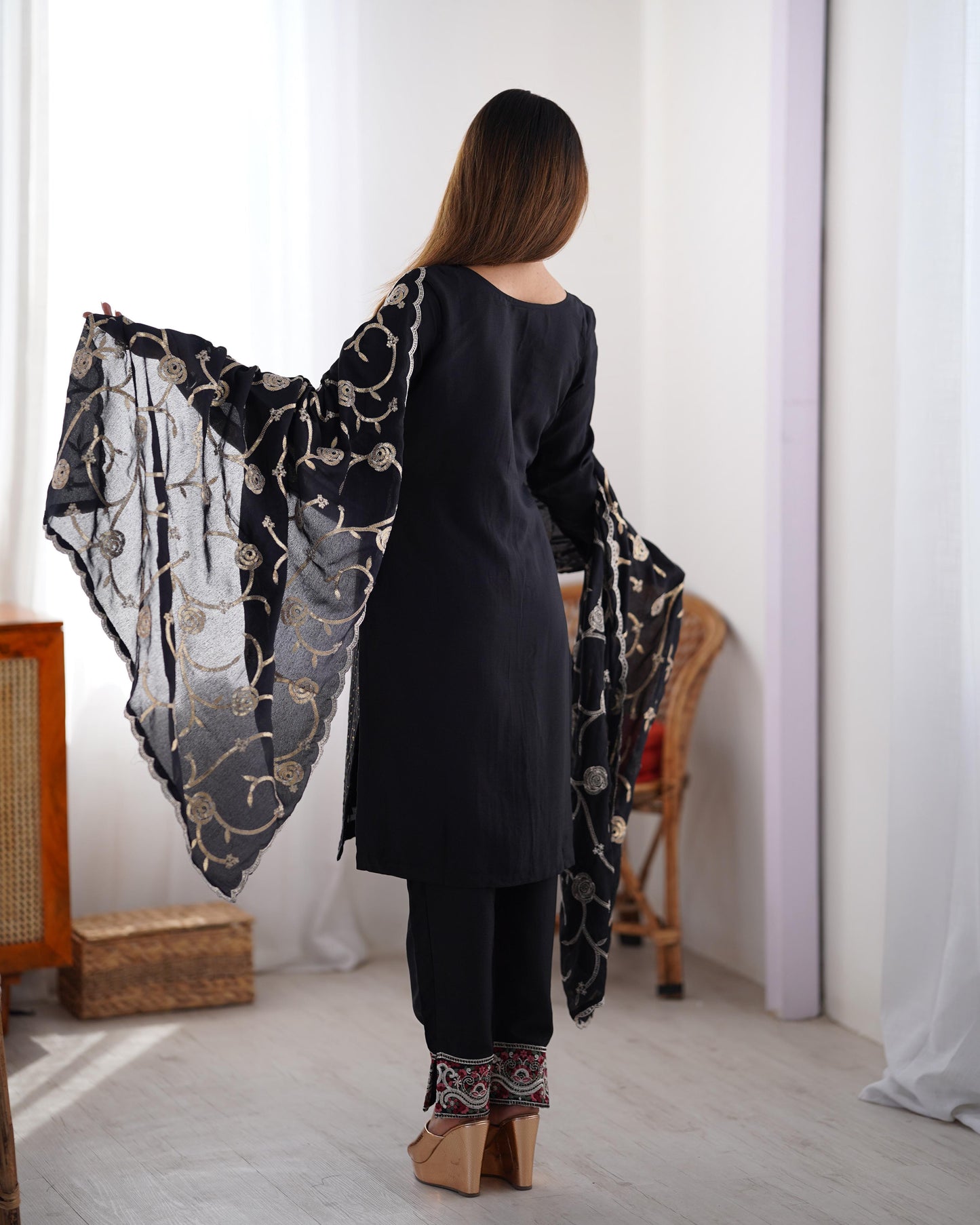 Black Color Beautiful Partywear Dress in Chinon Silk Fabric