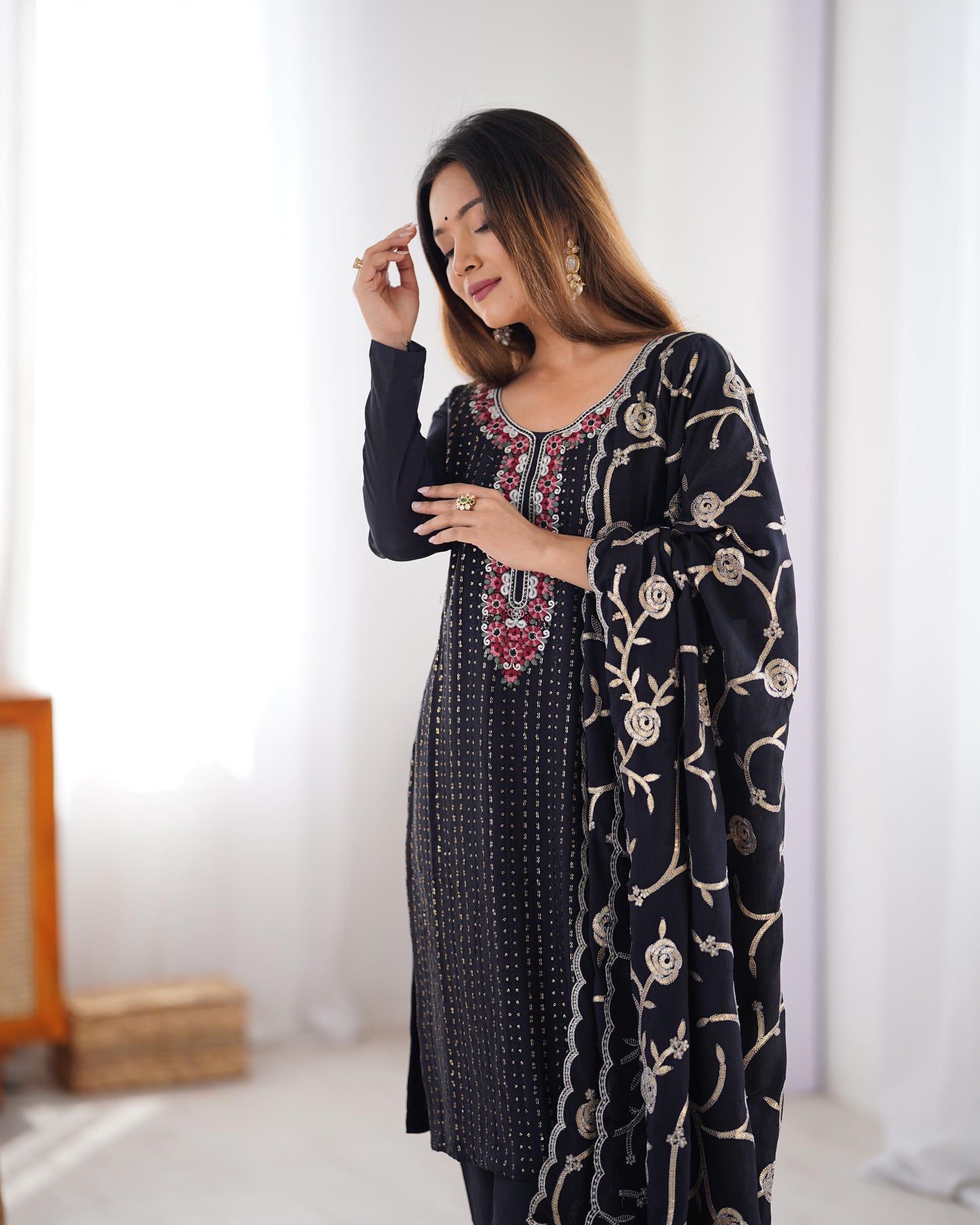Black Color Beautiful Partywear Dress in Chinon Silk Fabric
