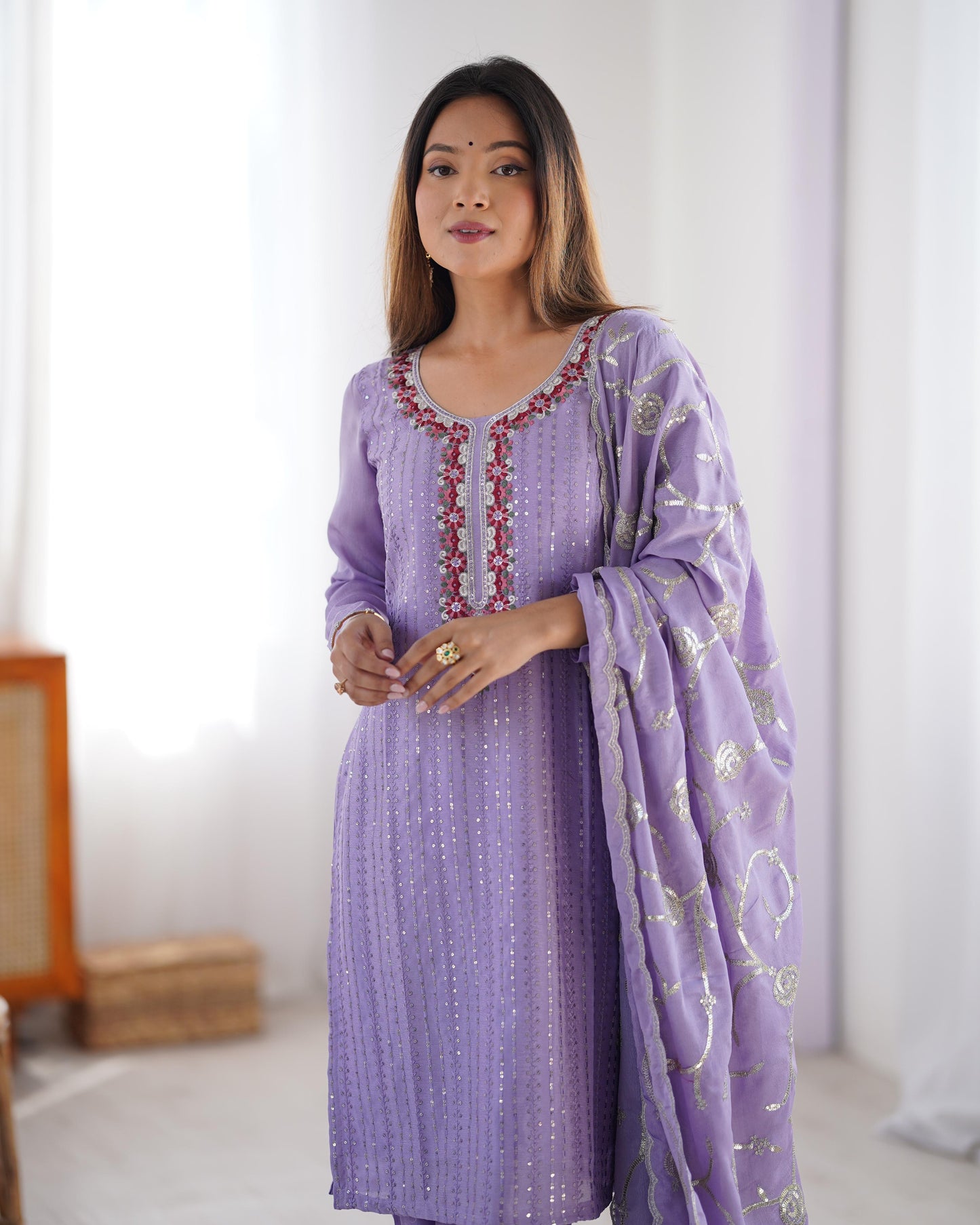 Purple Color Beautiful Partywear Dress in Chinon Silk Fabric