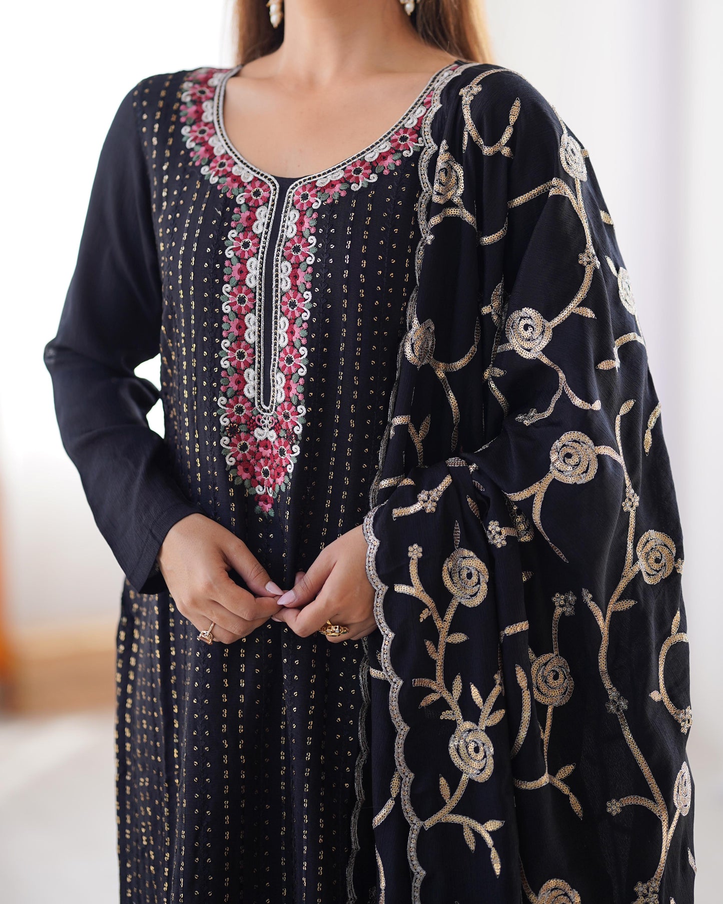 Black Color Beautiful Partywear Dress in Chinon Silk Fabric