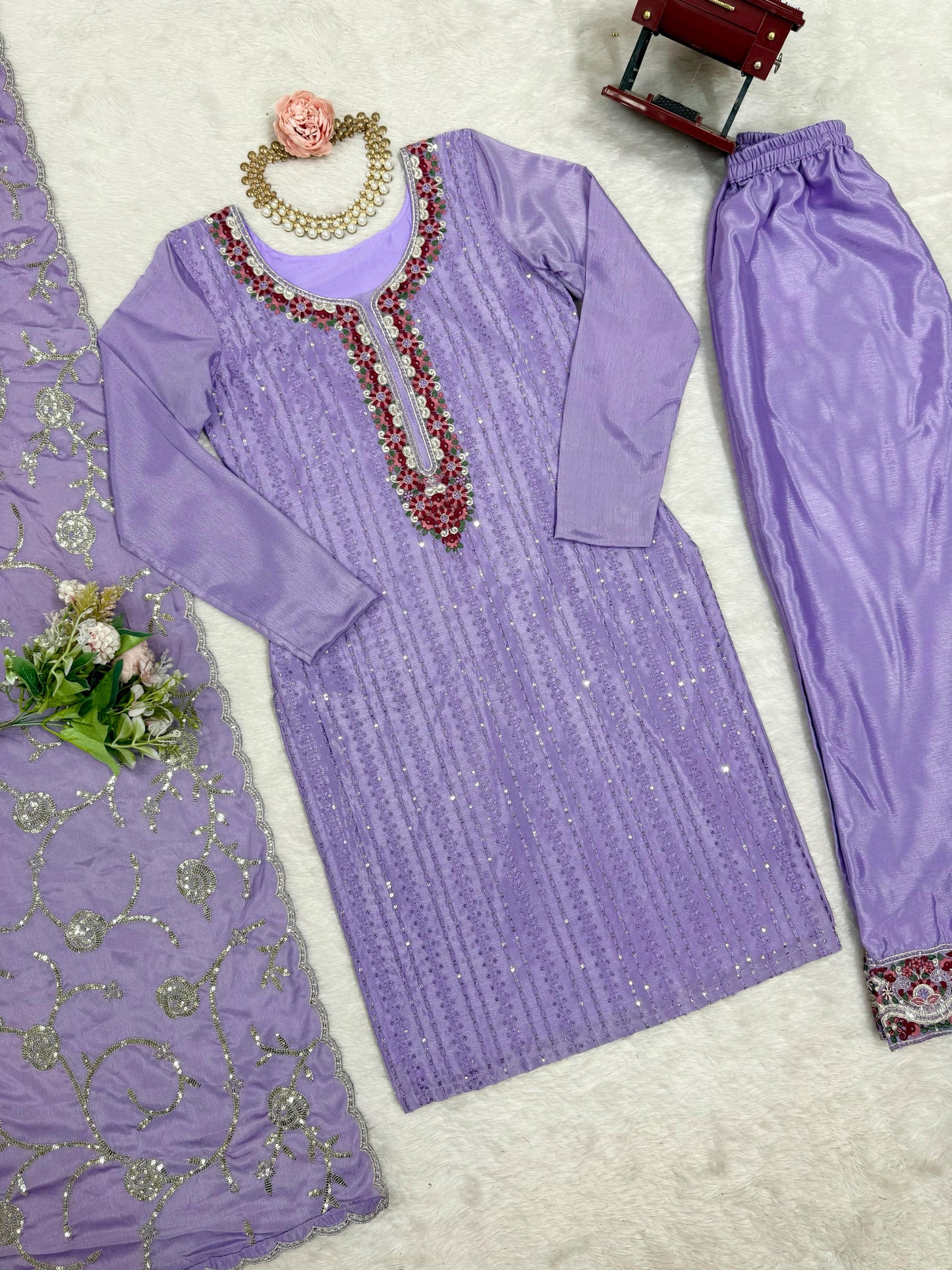 Purple Color Beautiful Partywear Dress in Chinon Silk Fabric