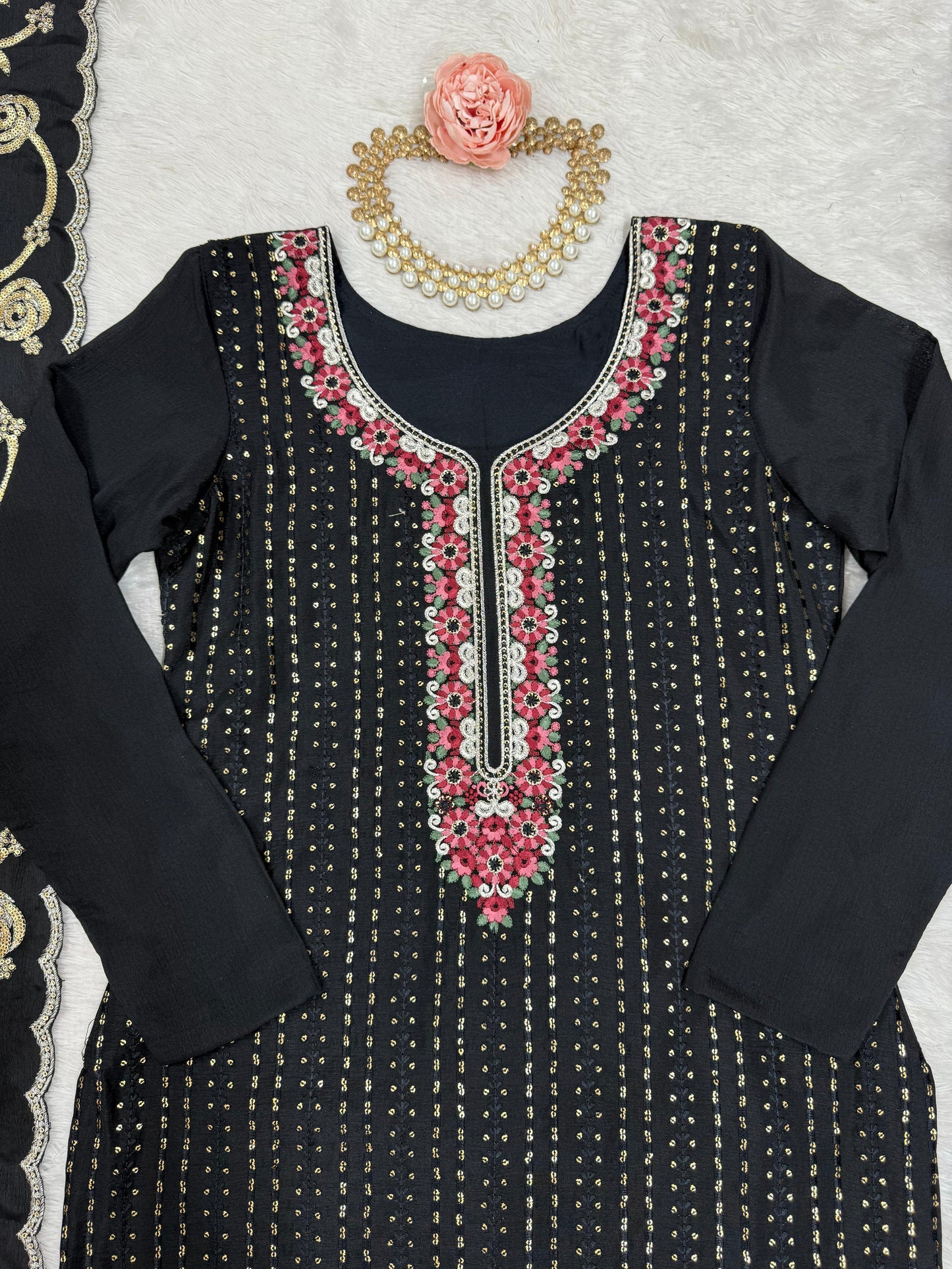 Black Color Beautiful Partywear Dress in Chinon Silk Fabric