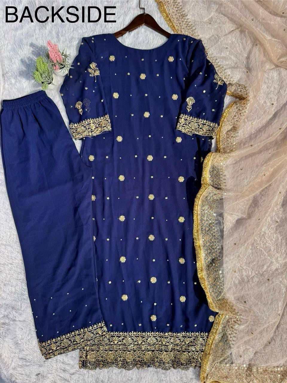 georgette with sequence embroidered and original motti handmade work top and pent with dupatta