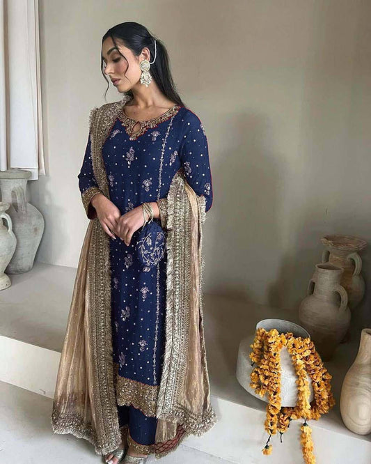 georgette with sequence embroidered and original motti handmade work top and pent with dupatta