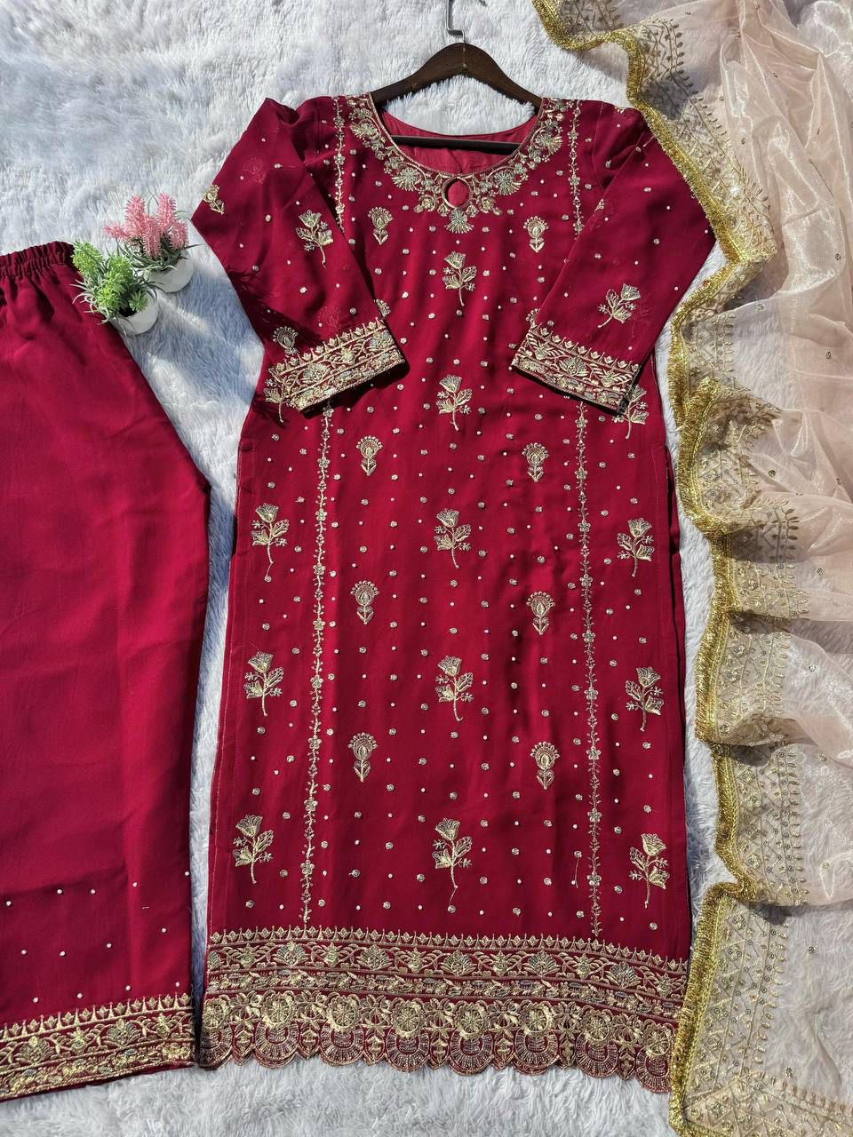georgette with sequence embroidered and original motti handmade work top and pent with dupatta