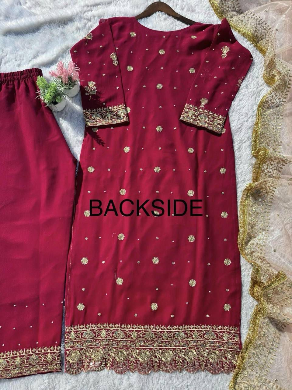 georgette with sequence embroidered and original motti handmade work top and pent with dupatta