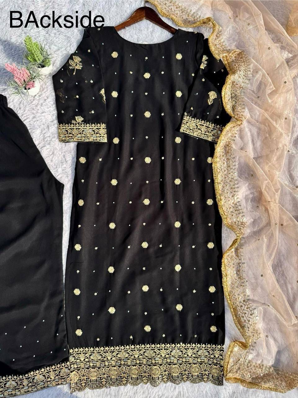 georgette with sequence embroidered and original motti handmade work top and pent with dupatta
