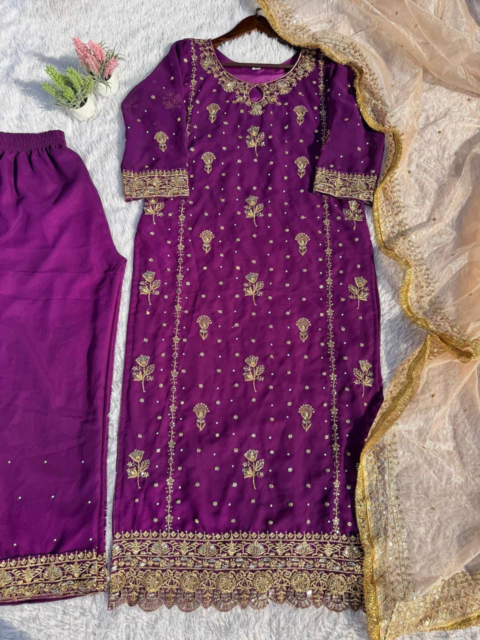 georgette with sequence embroidered and original motti handmade work top and pent with dupatta