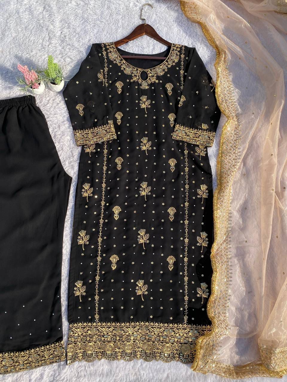 georgette with sequence embroidered and original motti handmade work top and pent with dupatta