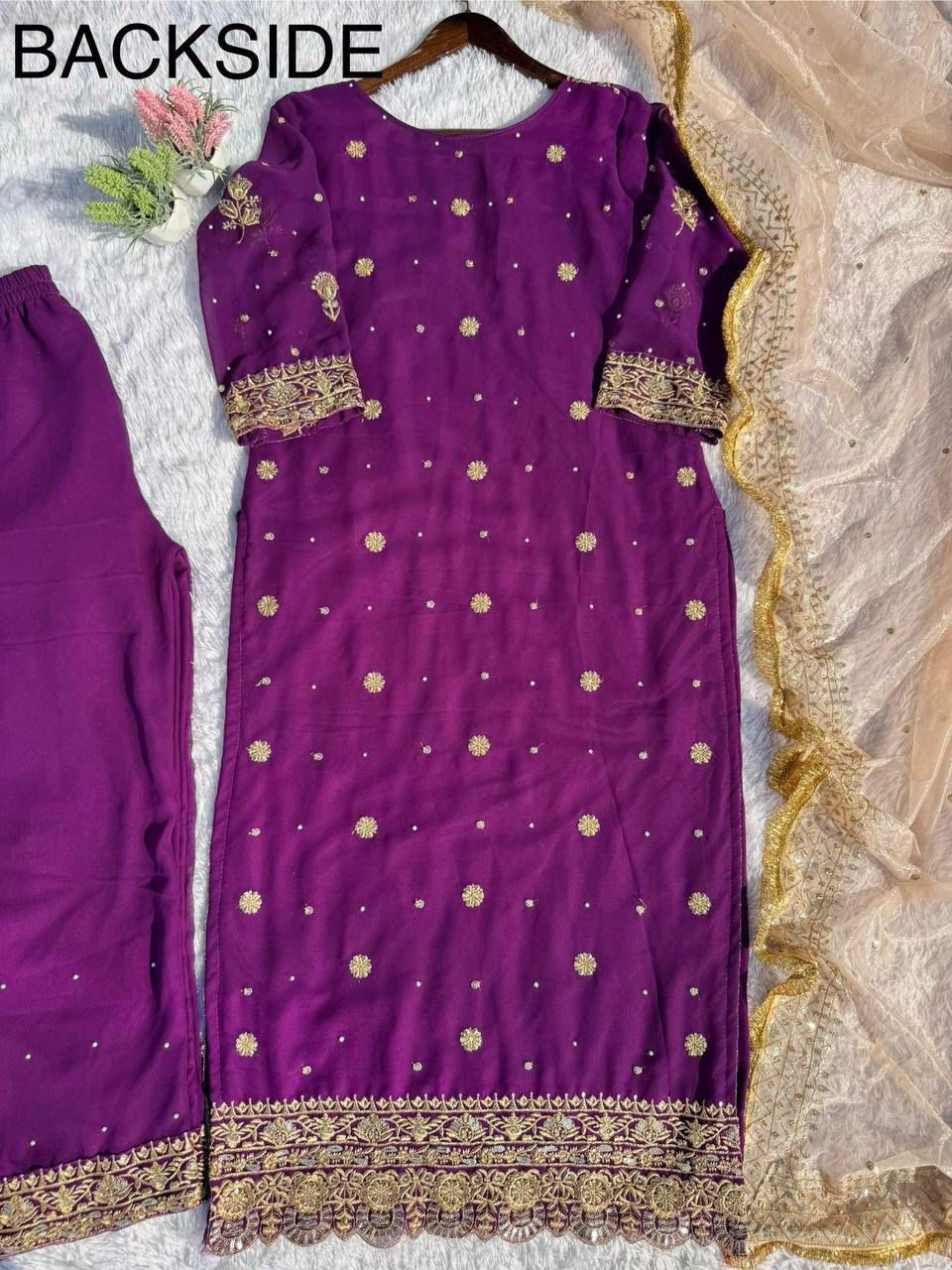 georgette with sequence embroidered and original motti handmade work top and pent with dupatta