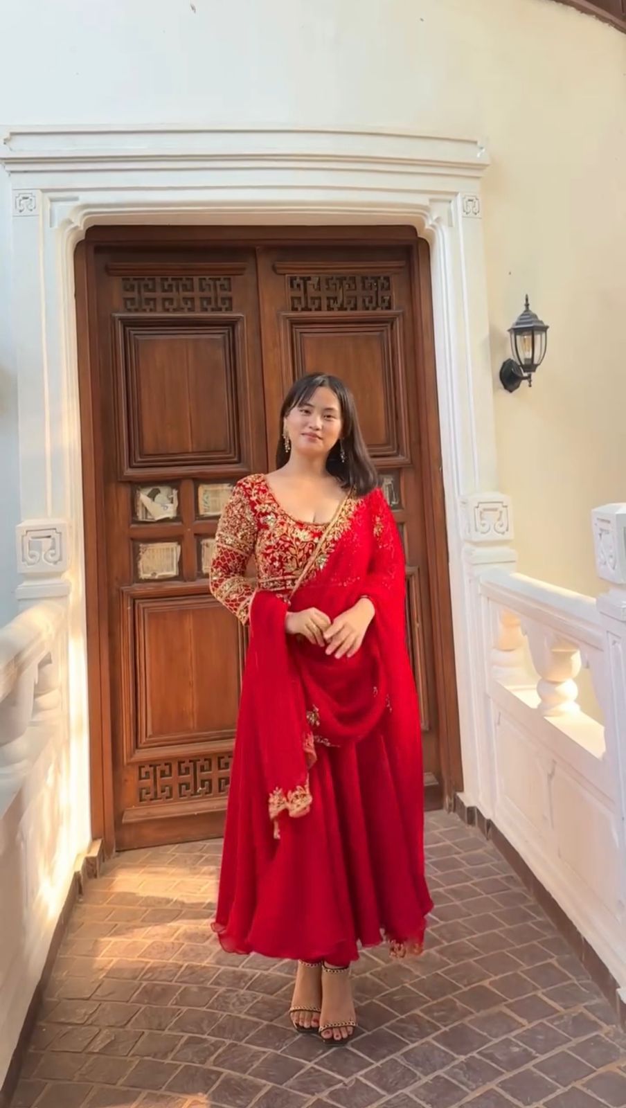 embroidered gown and pant pair with dupatta in georgette