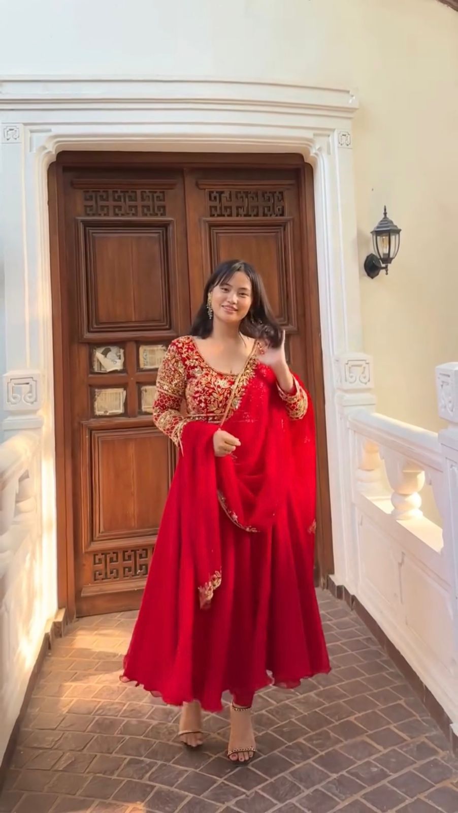 embroidered gown and pant pair with dupatta in georgette