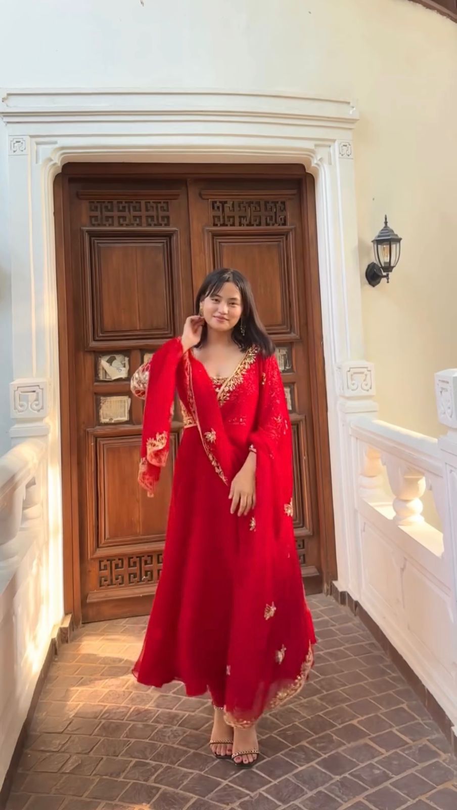 embroidered gown and pant pair with dupatta in georgette