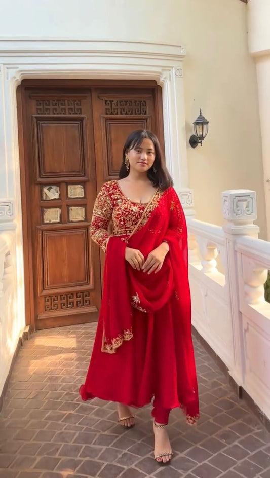 embroidered gown and pant pair  with dupatta in georgette