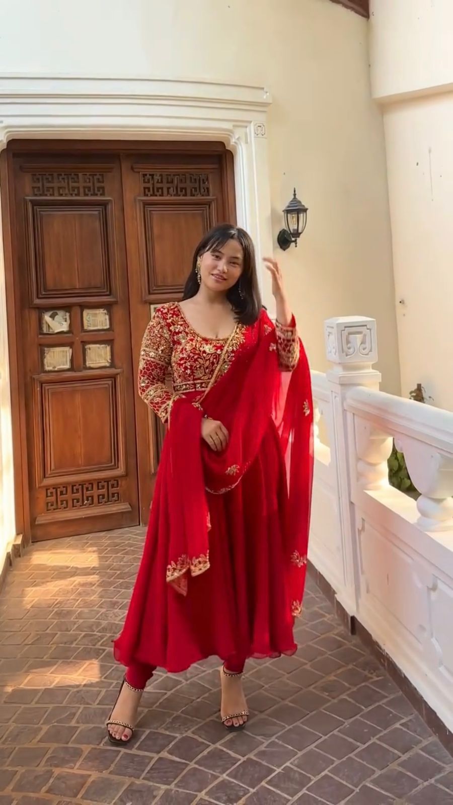 embroidered gown and pant pair with dupatta in georgette