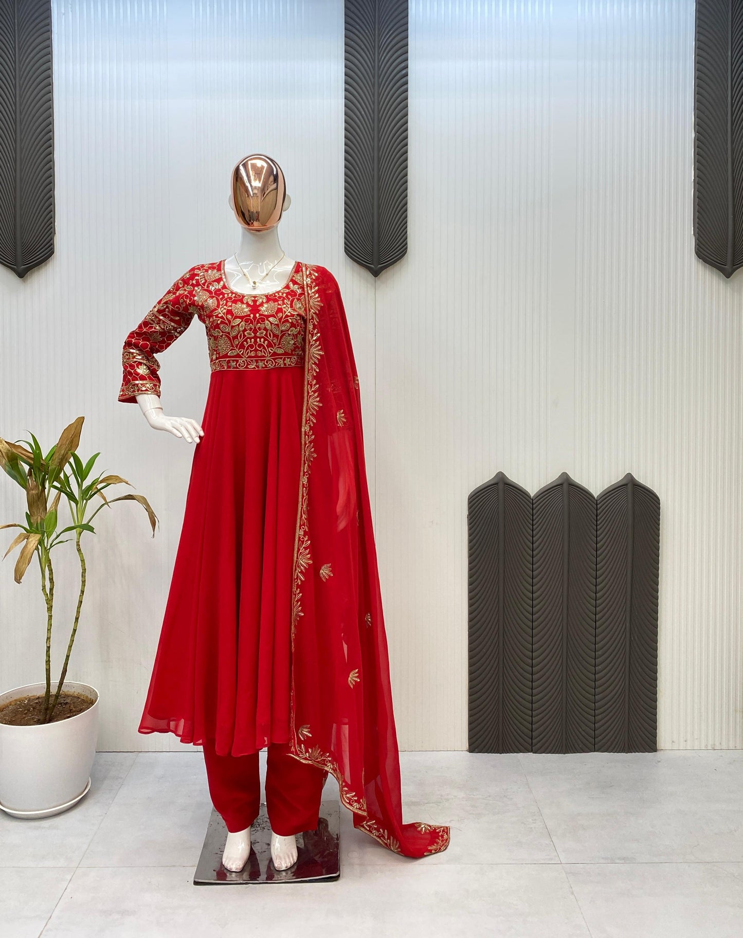 embroidered gown and pant pair with dupatta in georgette